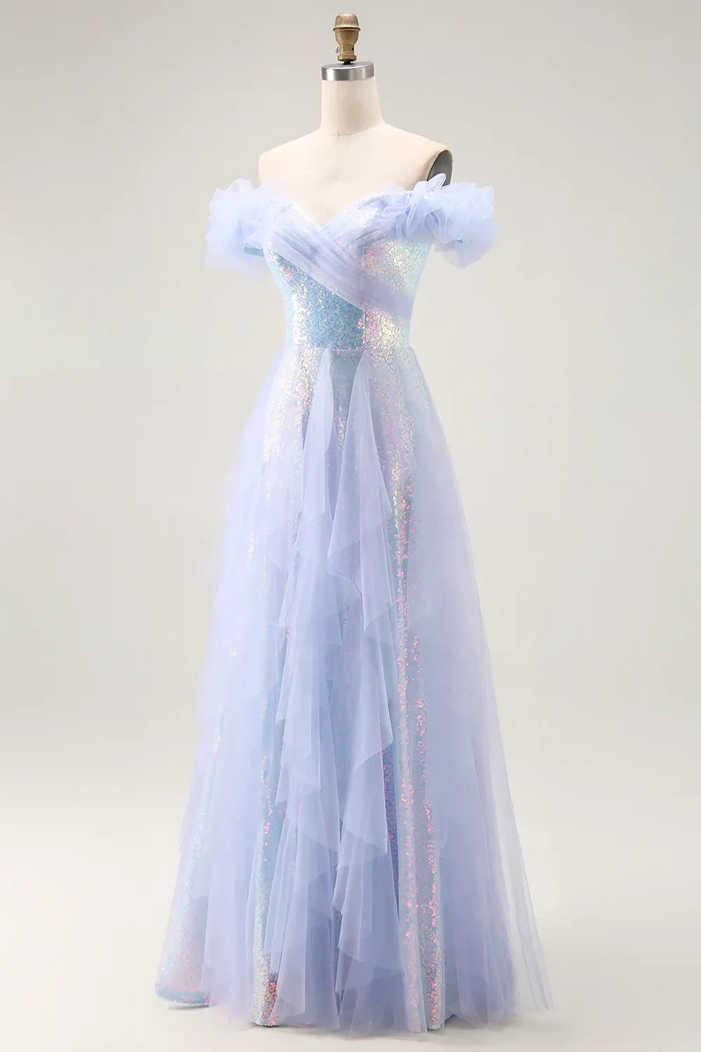 Romantic A-Line Off-the-Shoulder Ruffle Tulle Sequins Light Blue Maxi Evening Dress