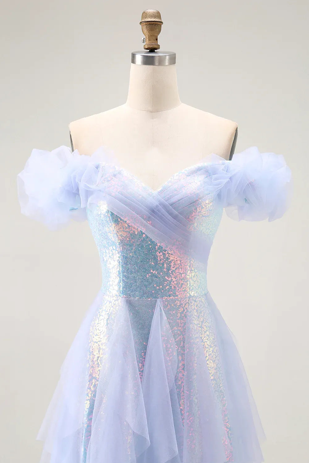 Romantic A-Line Off-the-Shoulder Ruffle Tulle Sequins Light Blue Maxi Evening Dress