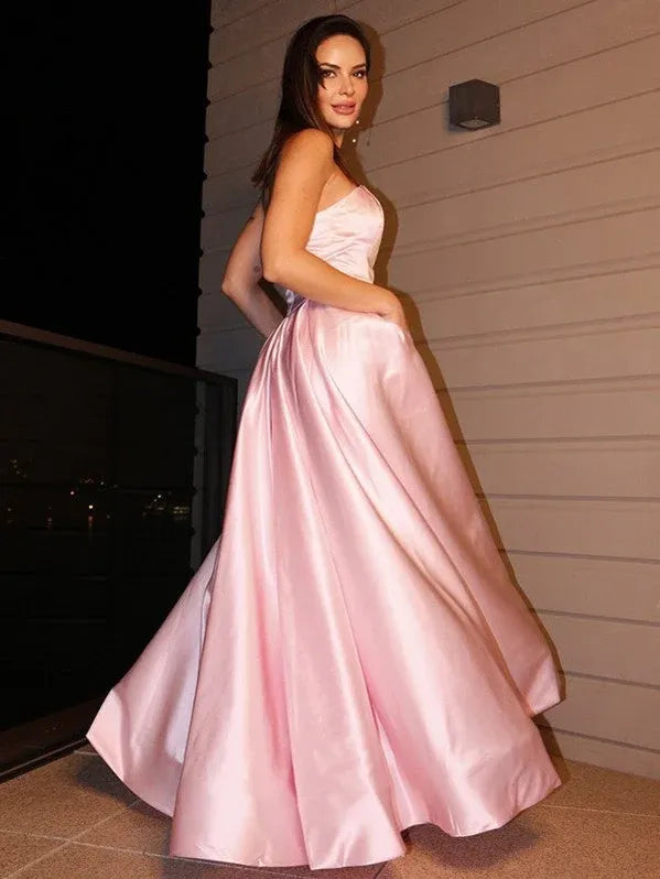 Romantic A-Line One-Shoulder Sleeveless Pocketed Baby Pink Maxi Prom Dress for Women Ready to Ship