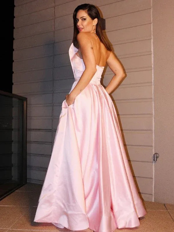 Romantic A-Line One-Shoulder Sleeveless Pocketed Baby Pink Maxi Prom Dress for Women Ready to Ship