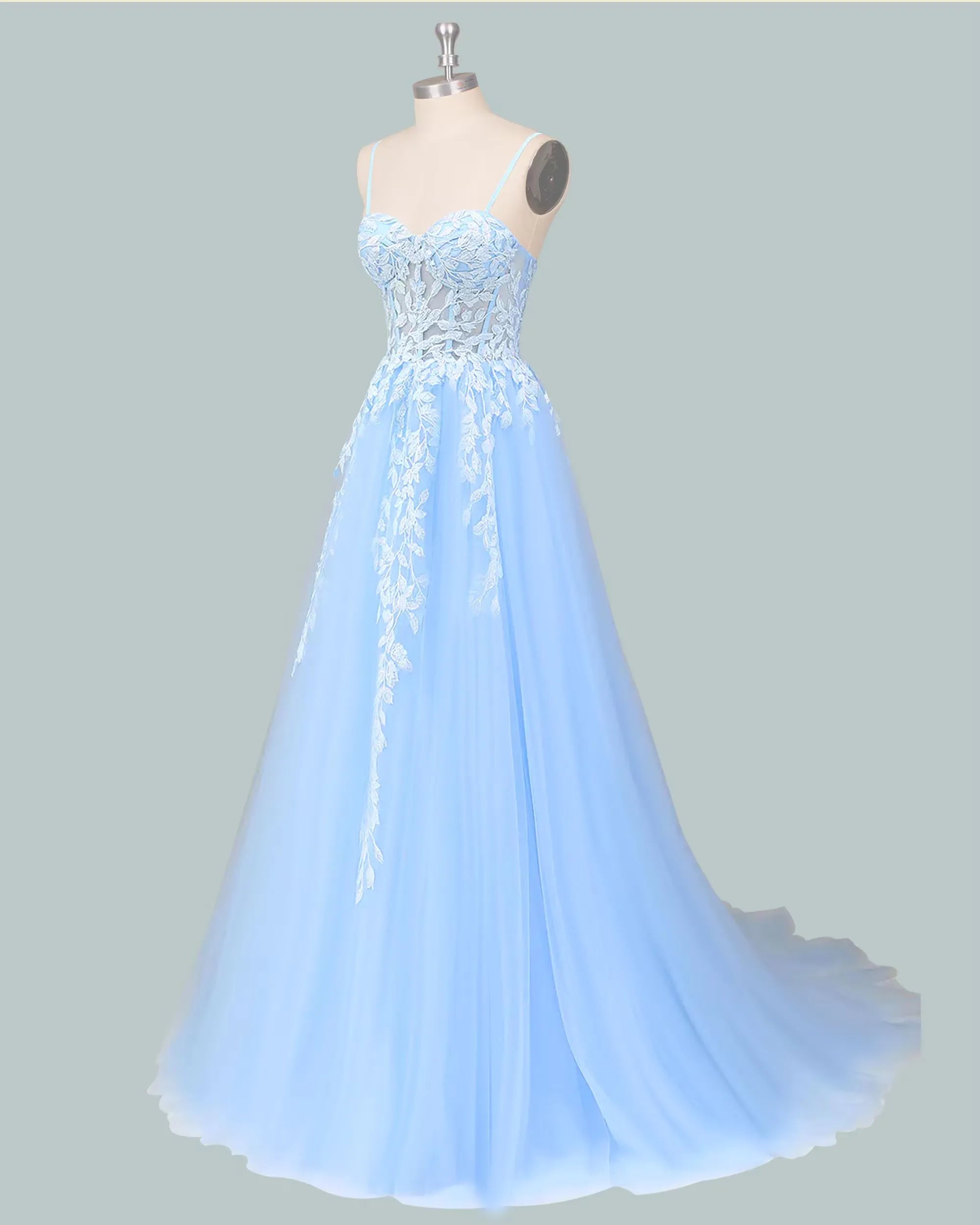 Romantic A-Line Sweetheart Lace Applique Tulle Light Blue Floor-Length Prom Dress