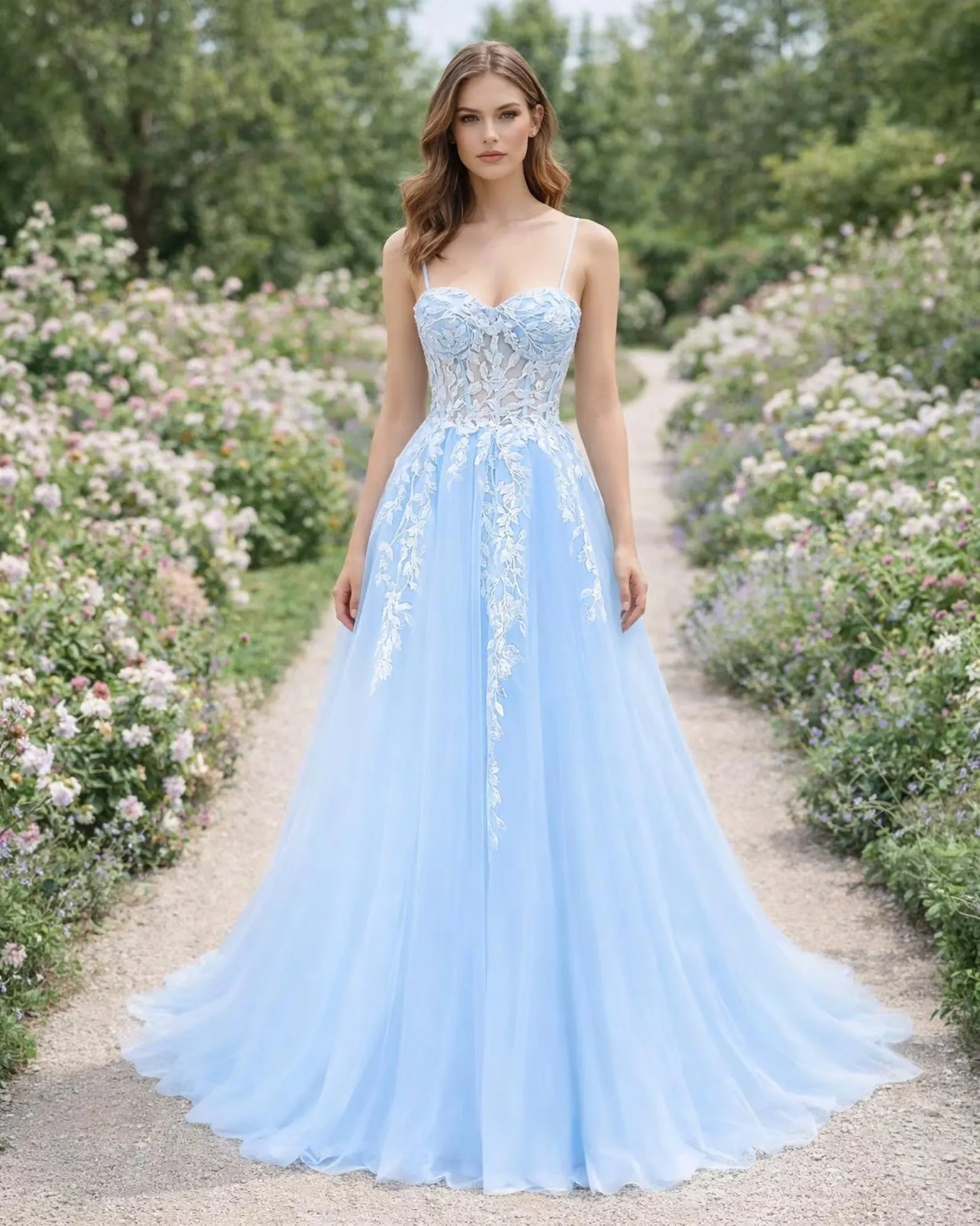 Romantic A-Line Sweetheart Lace Applique Tulle Light Blue Floor-Length Prom Dress