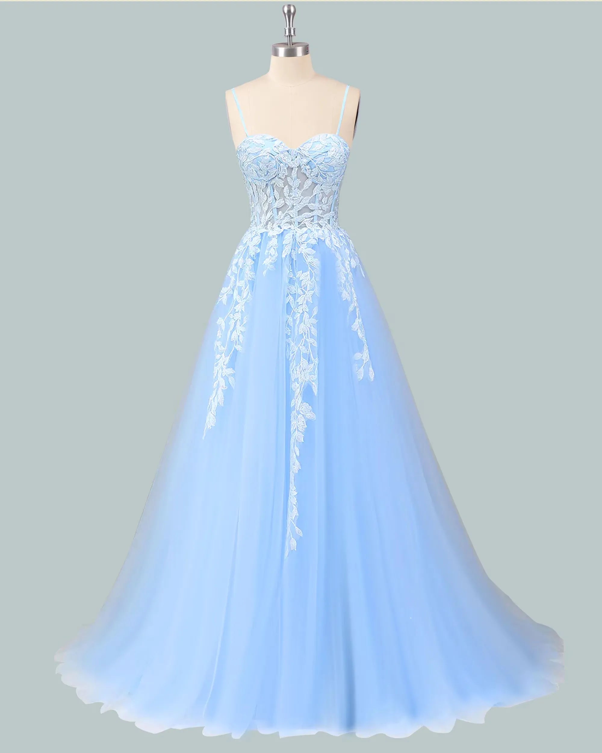 Romantic A-Line Sweetheart Lace Applique Tulle Light Blue Floor-Length Prom Dress