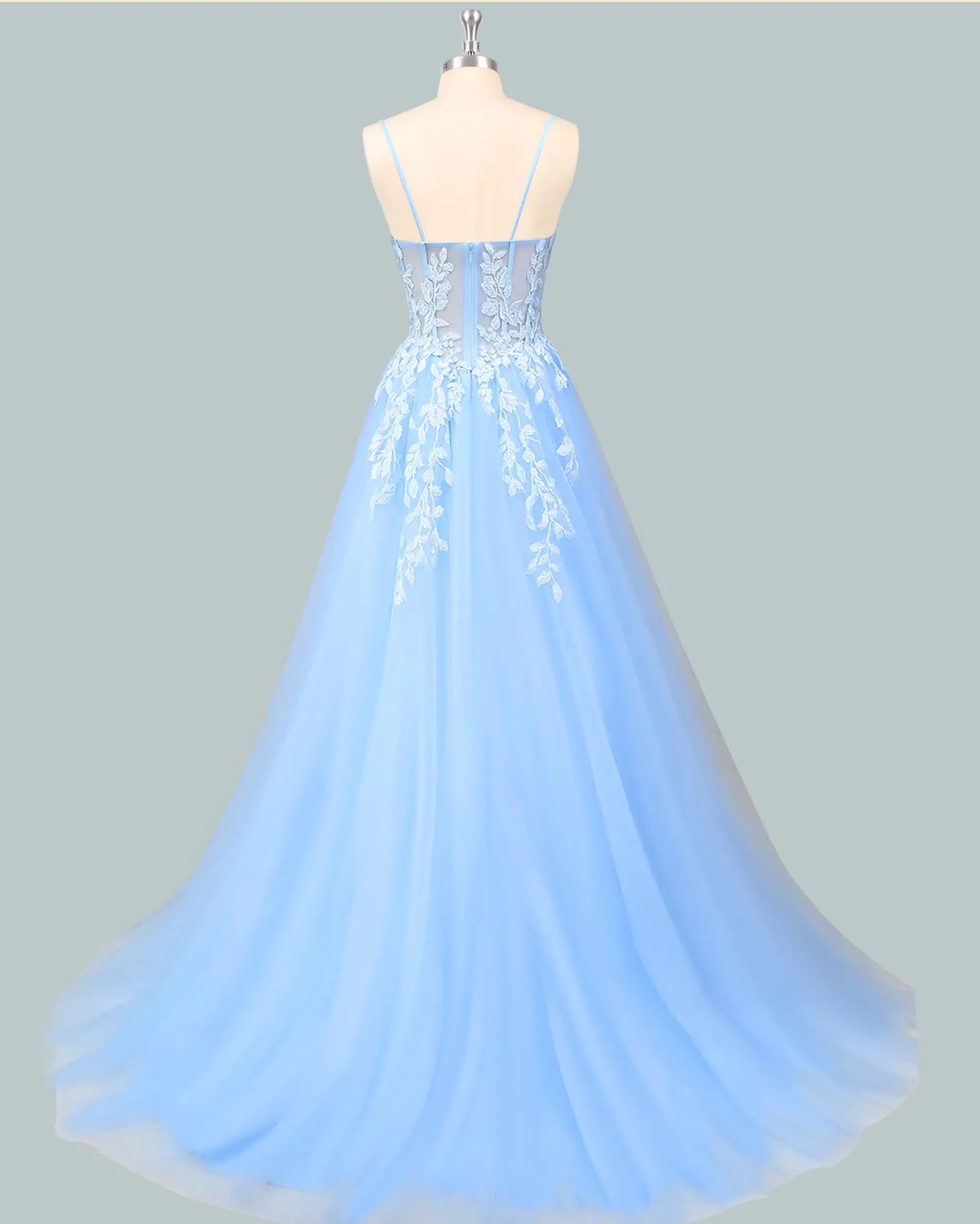 Romantic A-Line Sweetheart Lace Applique Tulle Light Blue Floor-Length Prom Dress
