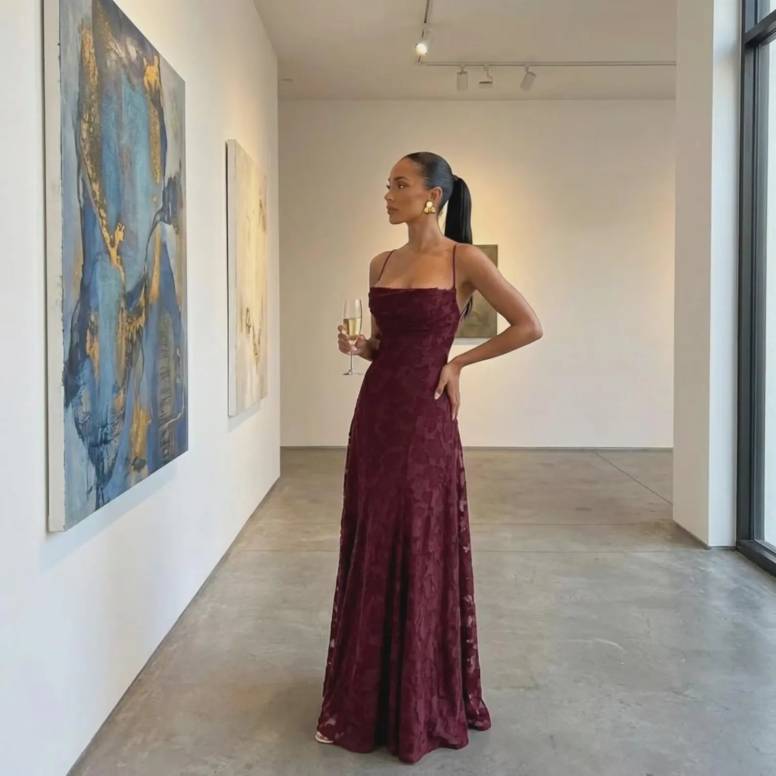 Romantic A-Line Spaghetti Straps Floral Pattern Burgundy Long Prom Dress Custom