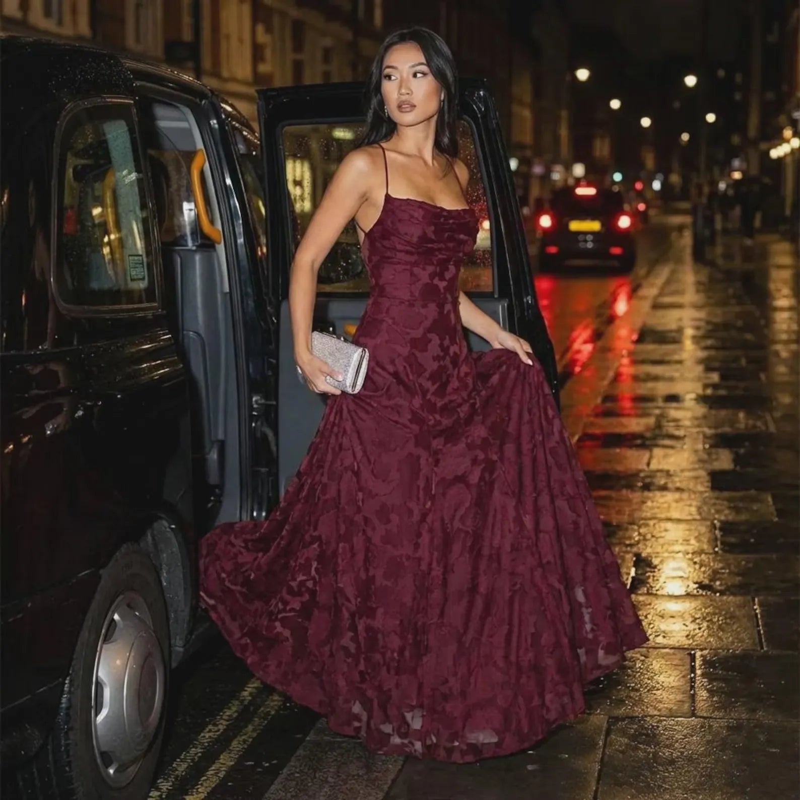 Romantic A-Line Spaghetti Straps Floral Pattern Burgundy Long Prom Dress Custom