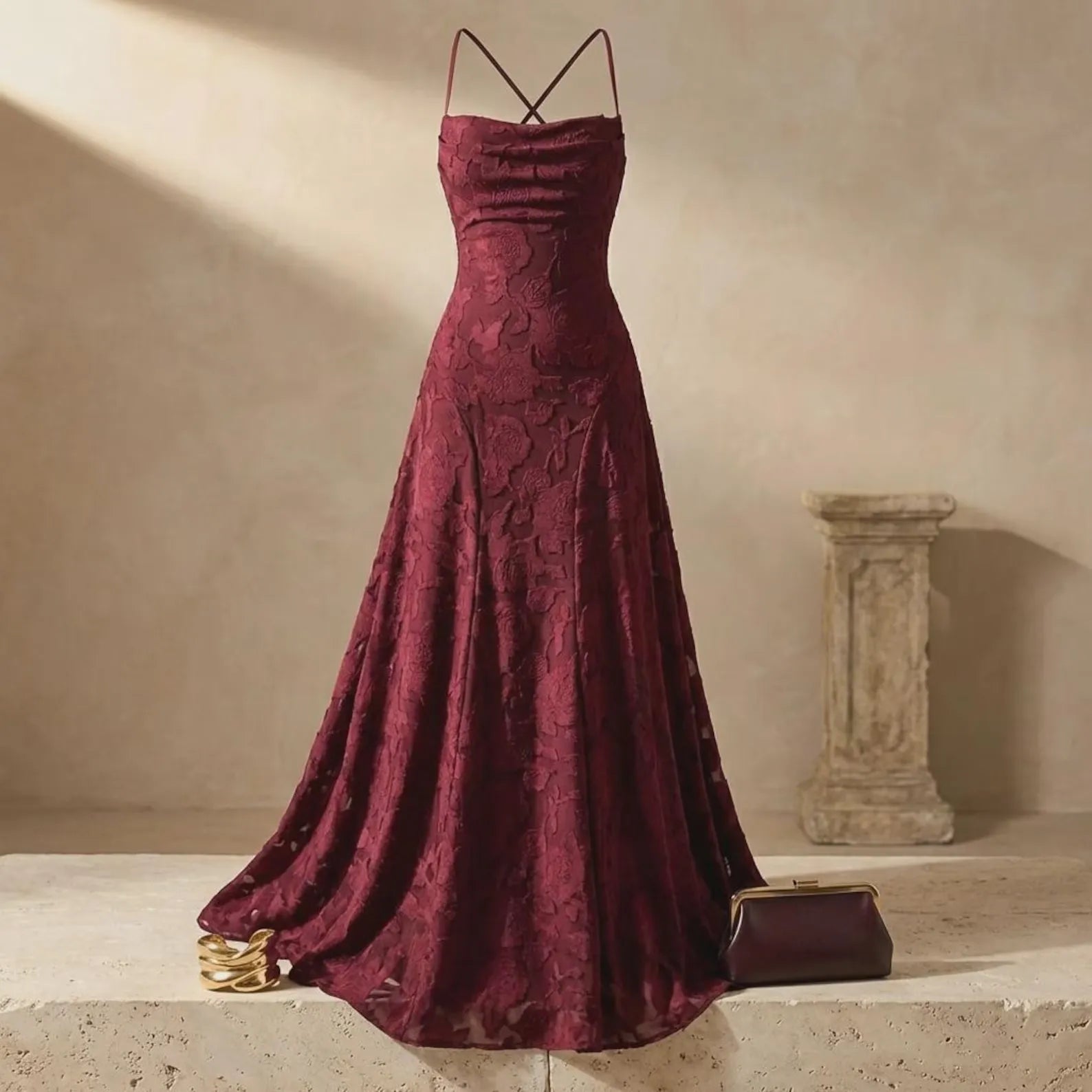Romantic A-Line Spaghetti Straps Floral Pattern Burgundy Long Prom Dress Custom