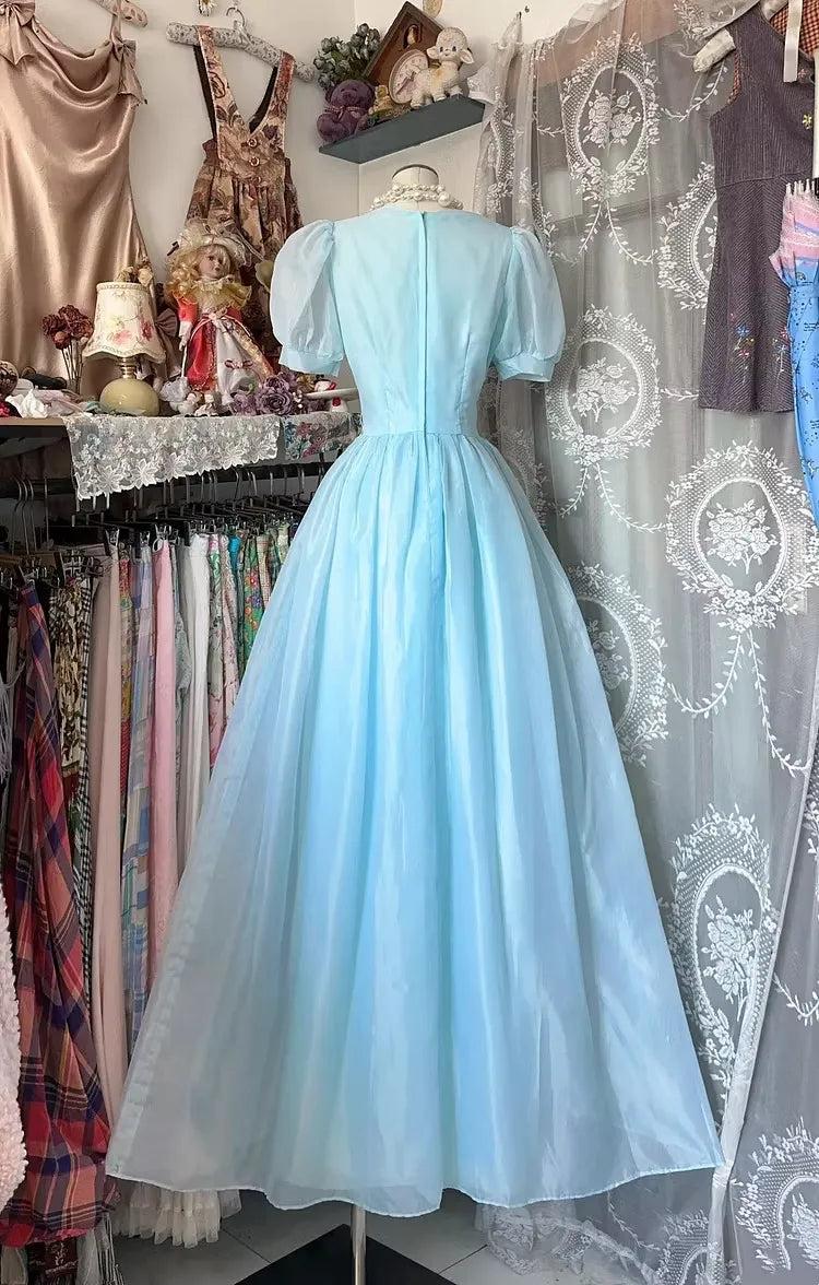 Romantic A-Line Square-Neck Puff-Sleeve Voluminous Light Blue Floor-Length Prom Dress