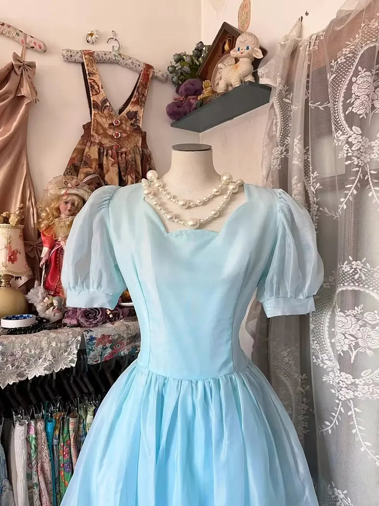 Romantic A-Line Square-Neck Puff-Sleeve Voluminous Light Blue Floor-Length Prom Dress