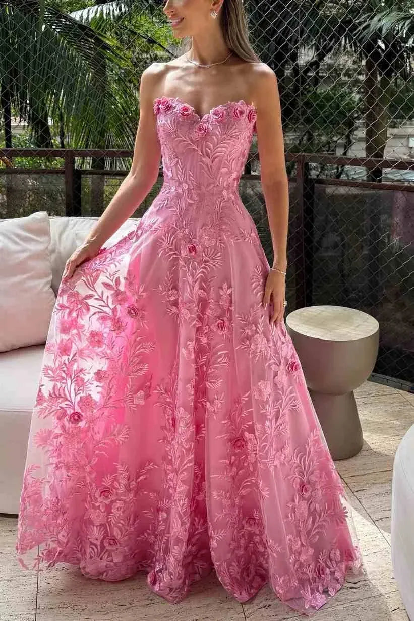 Romantic A-Line Strapless Lace Appliques Empire-Waist Pink Train Prom Dress