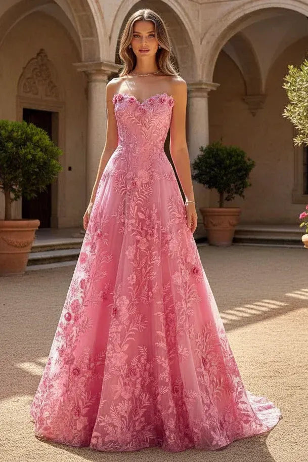 Romantic A-Line Strapless Lace Appliques Empire-Waist Pink Train Prom Dress