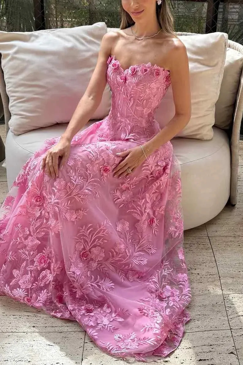 Romantic A-Line Strapless Lace Appliques Empire-Waist Pink Train Prom Dress
