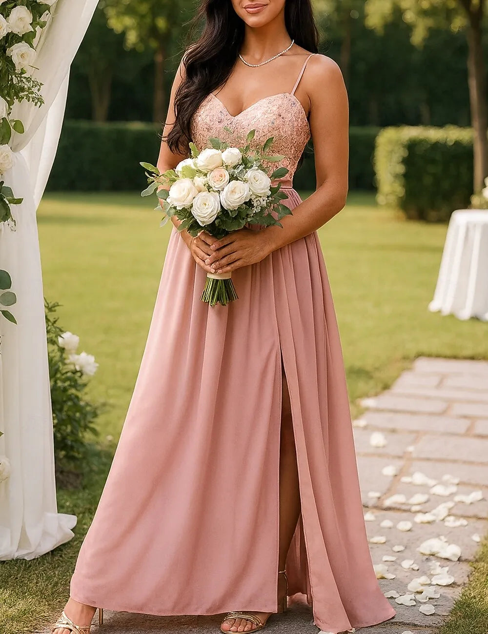 Romantic A-Line Sweetheart Floral Blush Floor Length Prom Dress With Slit For Sale