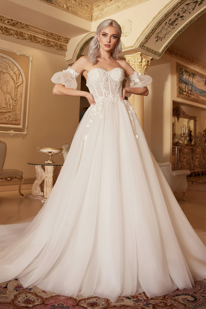 Romantic A-Line Sweetheart Floral Lace White Train Prom Dress With Detachable Sleeves
