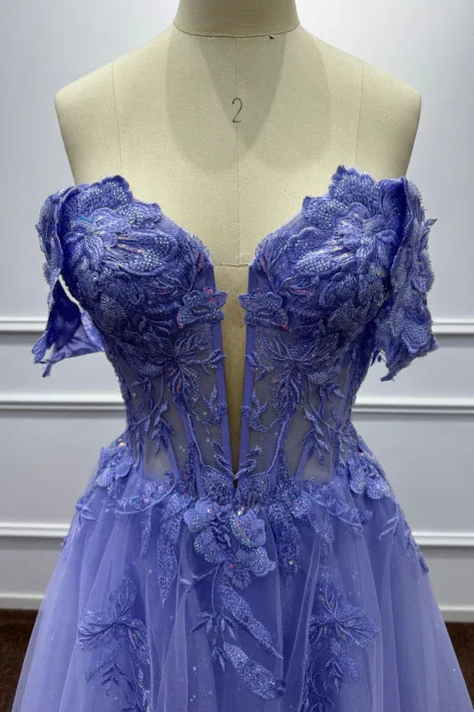 Romantic A-Line Sweetheart Neck Sleeveless Floral Lilac Maxi Prom Dress for Women Ready to Ship