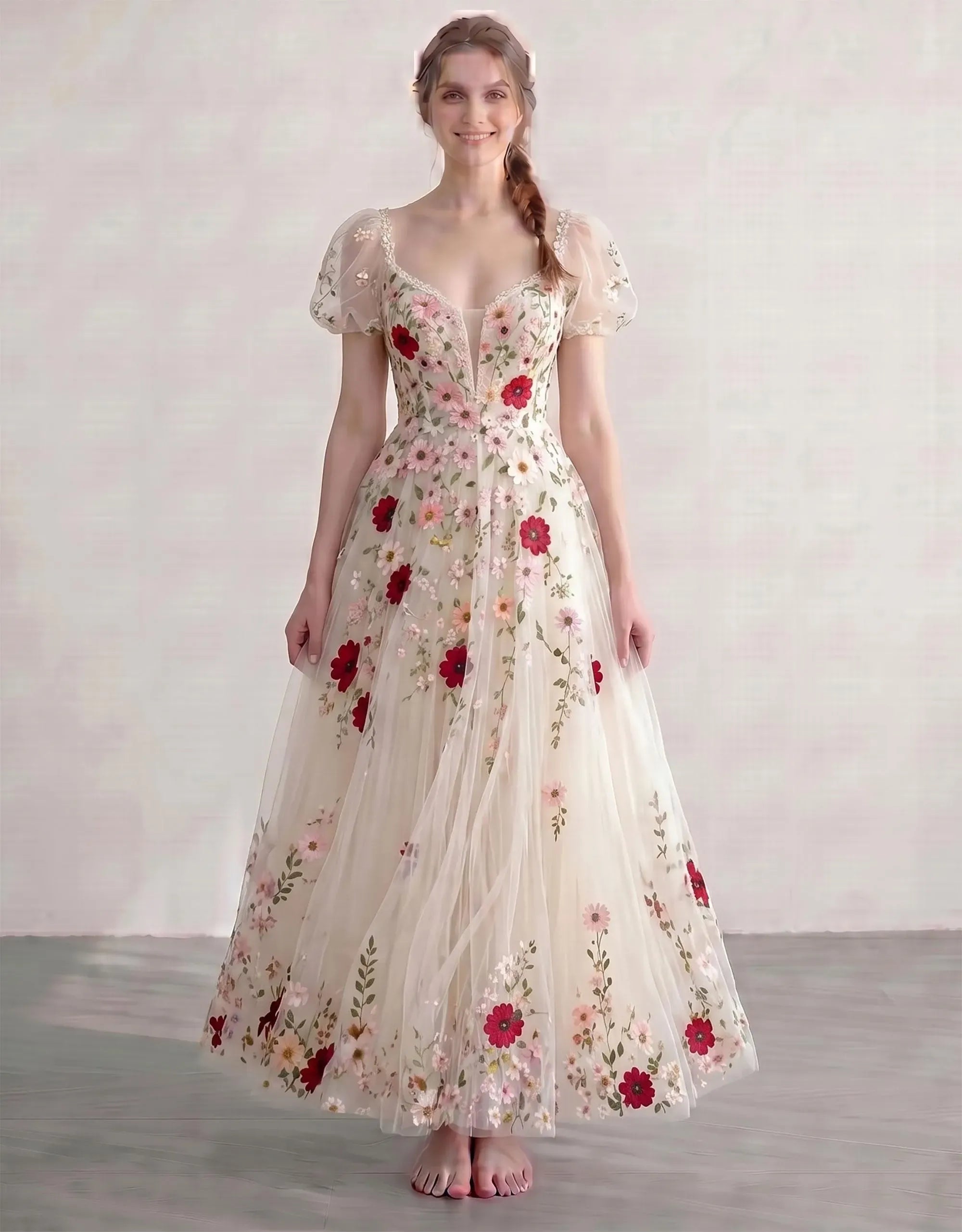 Romantic A-Line Sweetheart Puff-Sleeve Floral Applique Champagne Ankle-Length Prom Dress