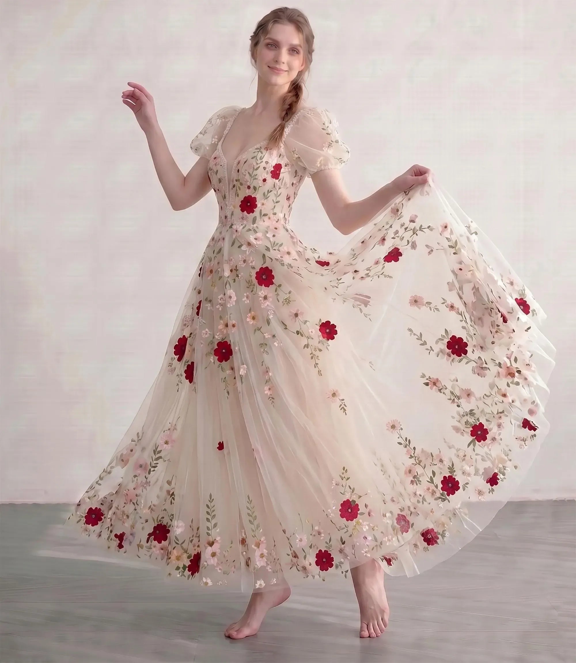 Romantic A-Line Sweetheart Puff-Sleeve Floral Applique Champagne Ankle-Length Prom Dress