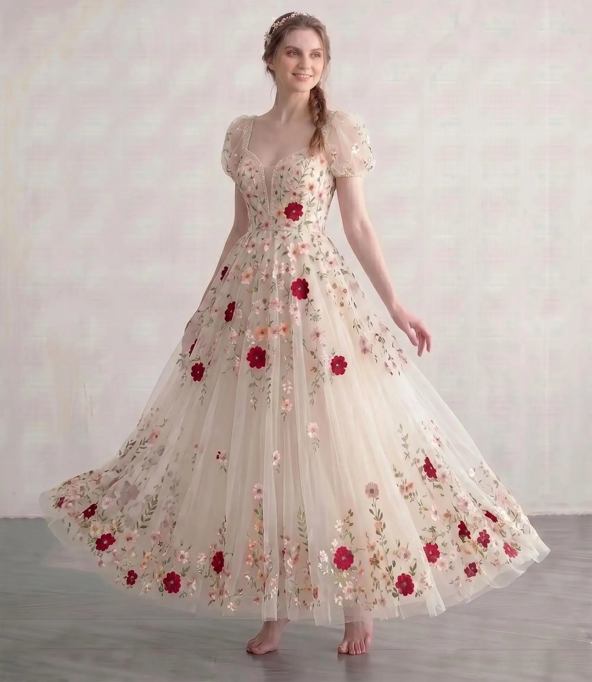 Romantic A-Line Sweetheart Puff-Sleeve Floral Applique Champagne Ankle-Length Prom Dress