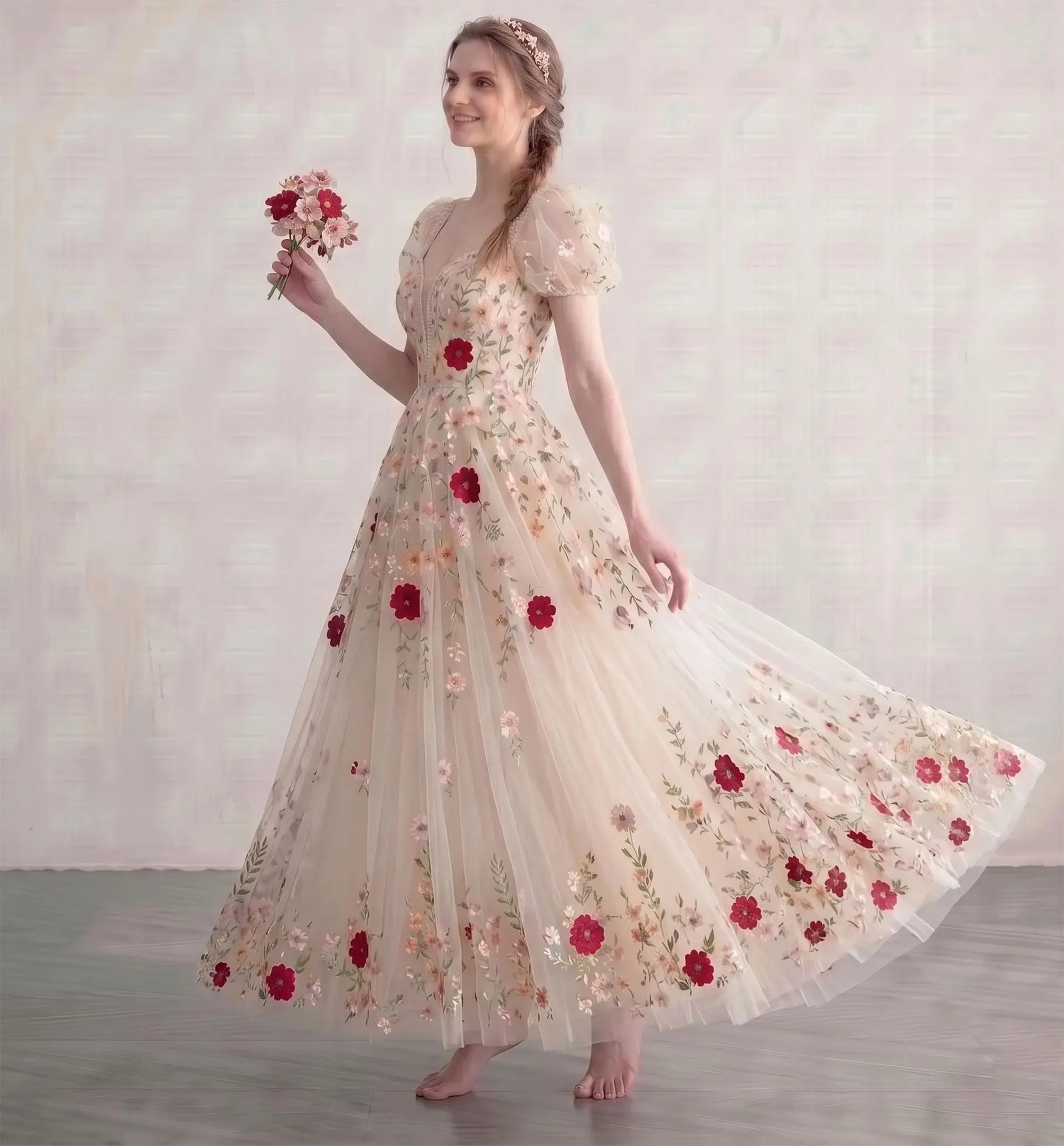 Romantic A-Line Sweetheart Puff-Sleeve Floral Applique Champagne Ankle-Length Prom Dress