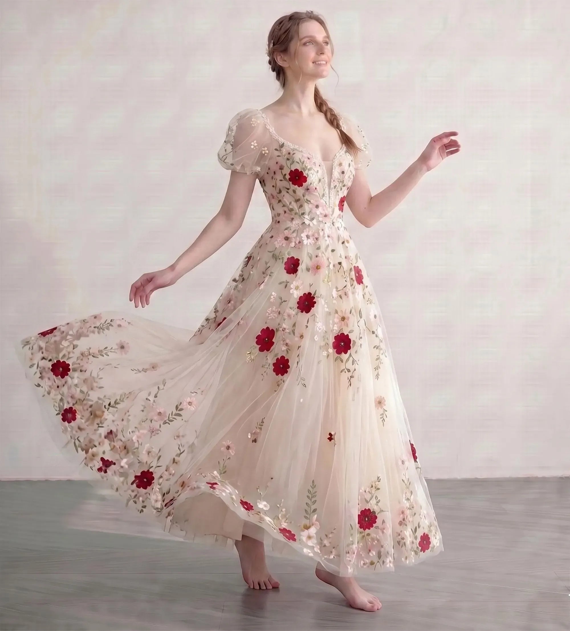Romantic A-Line Sweetheart Puff-Sleeve Floral Applique Champagne Ankle-Length Prom Dress