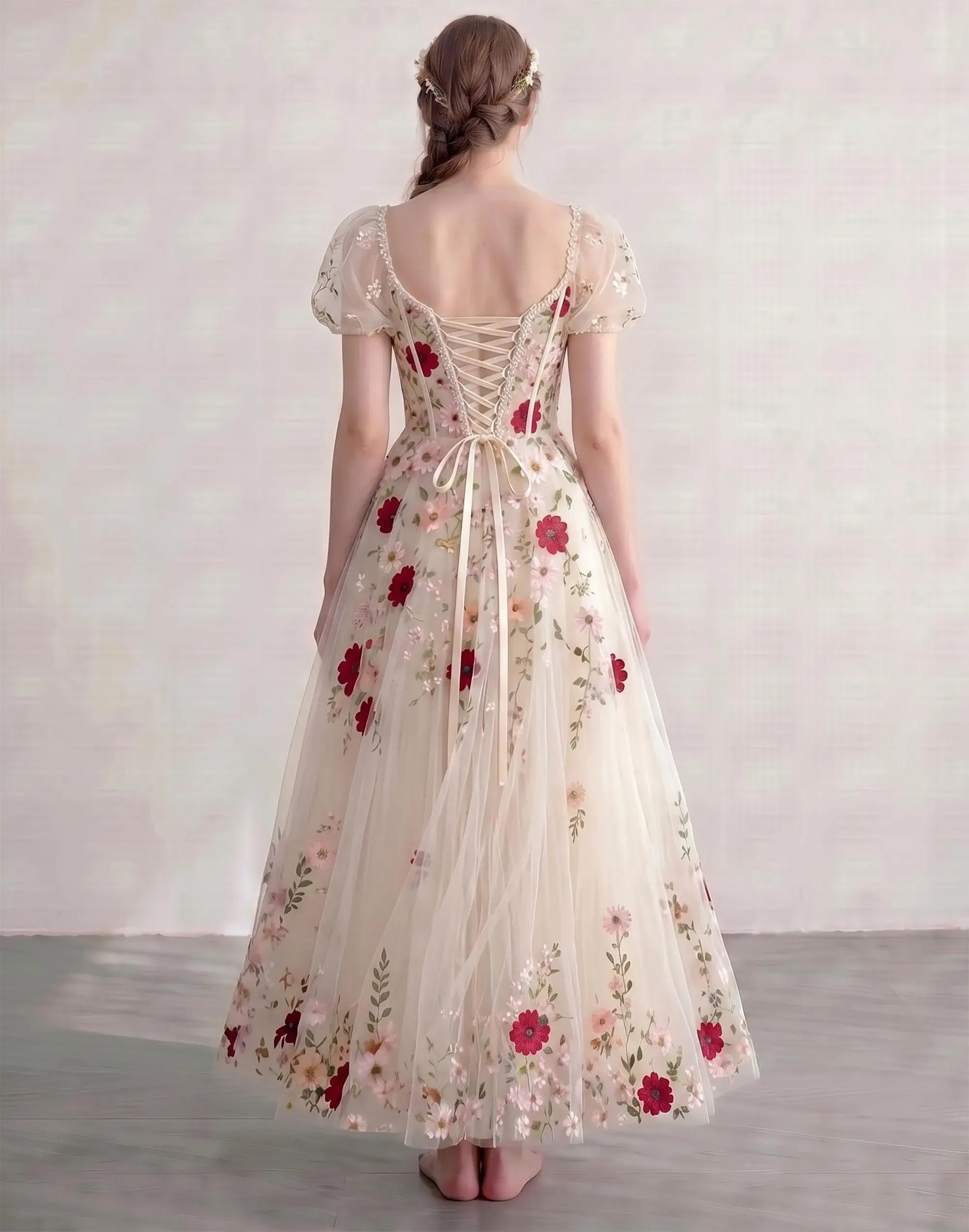 Romantic A-Line Sweetheart Puff-Sleeve Floral Applique Champagne Ankle-Length Prom Dress