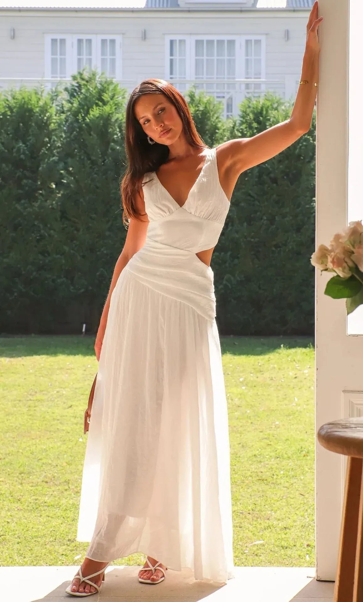 Romantic A-Line V-Neck Cutout Ruched Solid Color White Long Prom Dress Hot Sale