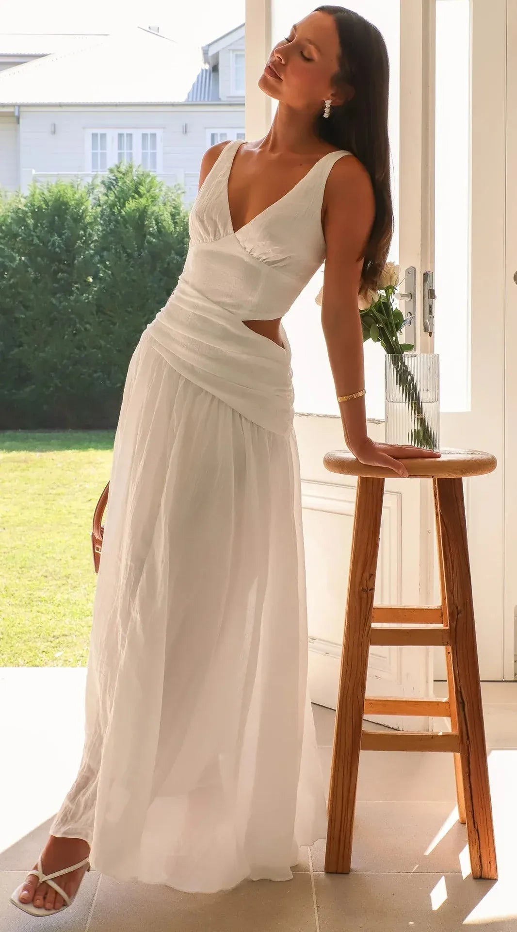 Romantic A-Line V-Neck Cutout Ruched Solid Color White Long Prom Dress Hot Sale