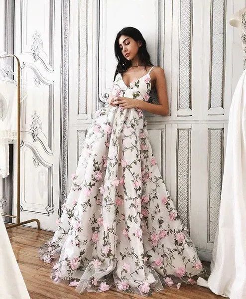 Romantic A-Line V Neck 3D Flower White Floor Length Evening Dress Hot Sale