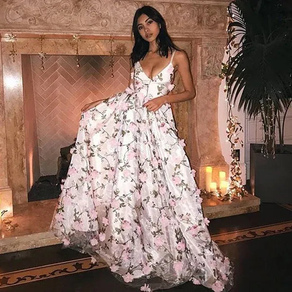Romantic A-Line V Neck 3D Flower White Floor Length Evening Dress Hot Sale