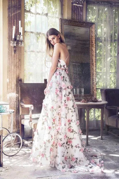 Romantic A-Line V Neck 3D Flower White Floor Length Evening Dress Hot Sale