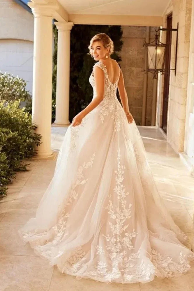 Romantic A-Line V Neck Cap Sleeve Applique Sheer Mesh Lace Champagne Long Wedding Dress
