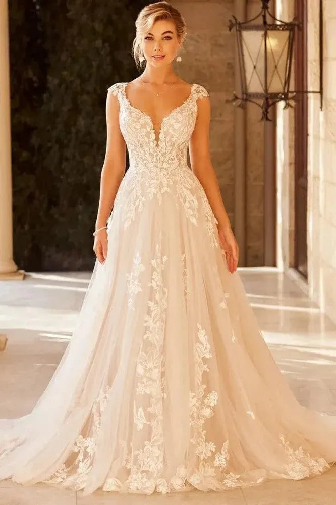 Romantic A-Line V Neck Cap Sleeve Applique Sheer Mesh Lace Champagne Long Wedding Dress
