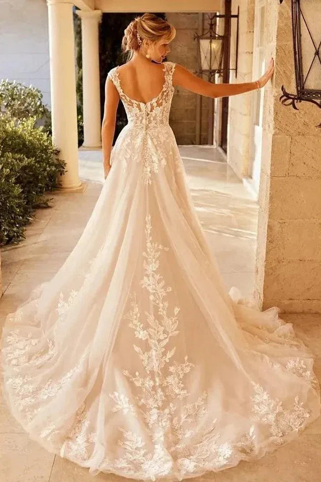 Romantic A-Line V Neck Cap Sleeve Applique Sheer Mesh Lace Champagne Long Wedding Dress