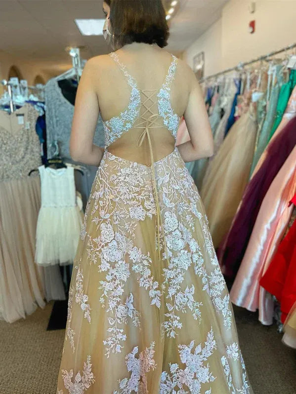Romantic A-Line V Neck Lace-Applique Tulle Champagne Floor-Length Prom Dress