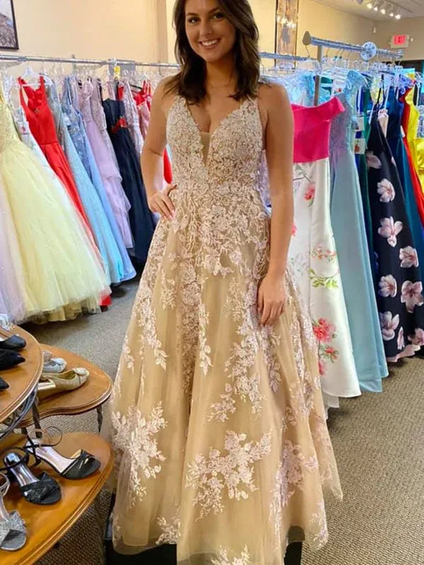 Romantic A-Line V Neck Lace-Applique Tulle Champagne Floor-Length Prom Dress