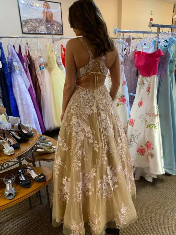 Romantic A-Line V Neck Lace-Applique Tulle Champagne Floor-Length Prom Dress