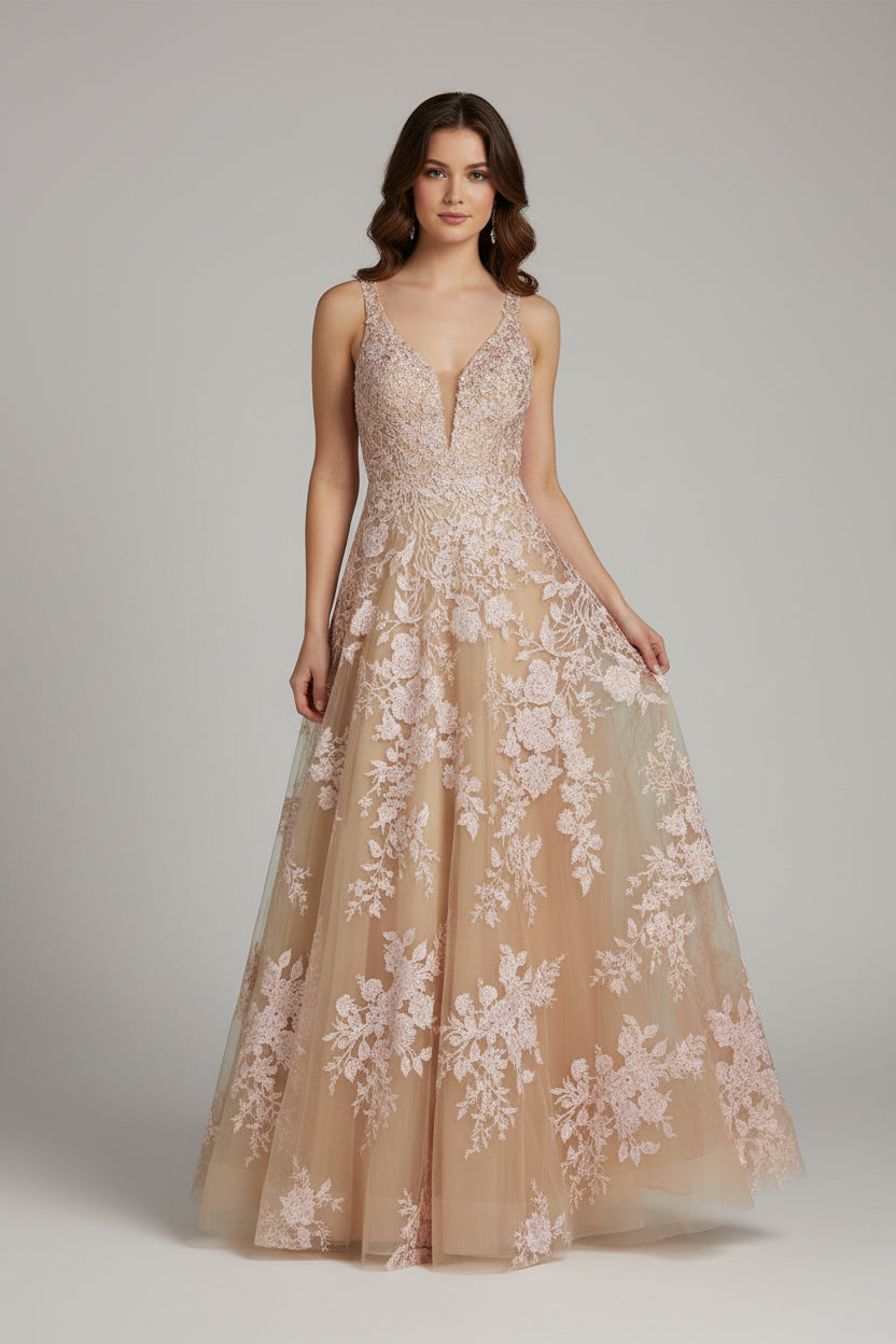 Romantic A-Line V Neck Lace-Applique Tulle Champagne Floor-Length Prom Dress