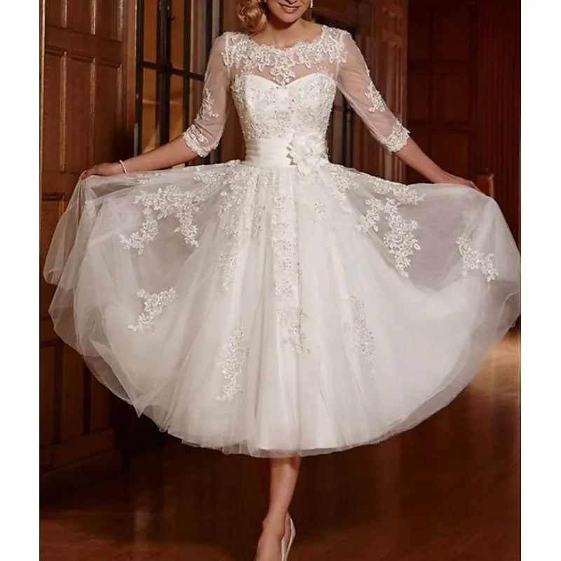 Romantic A-line Round Neck 3/4 Sleeve Lace Appliqué Ivory Tea-Length Prom Dress For Women Ready To Ship