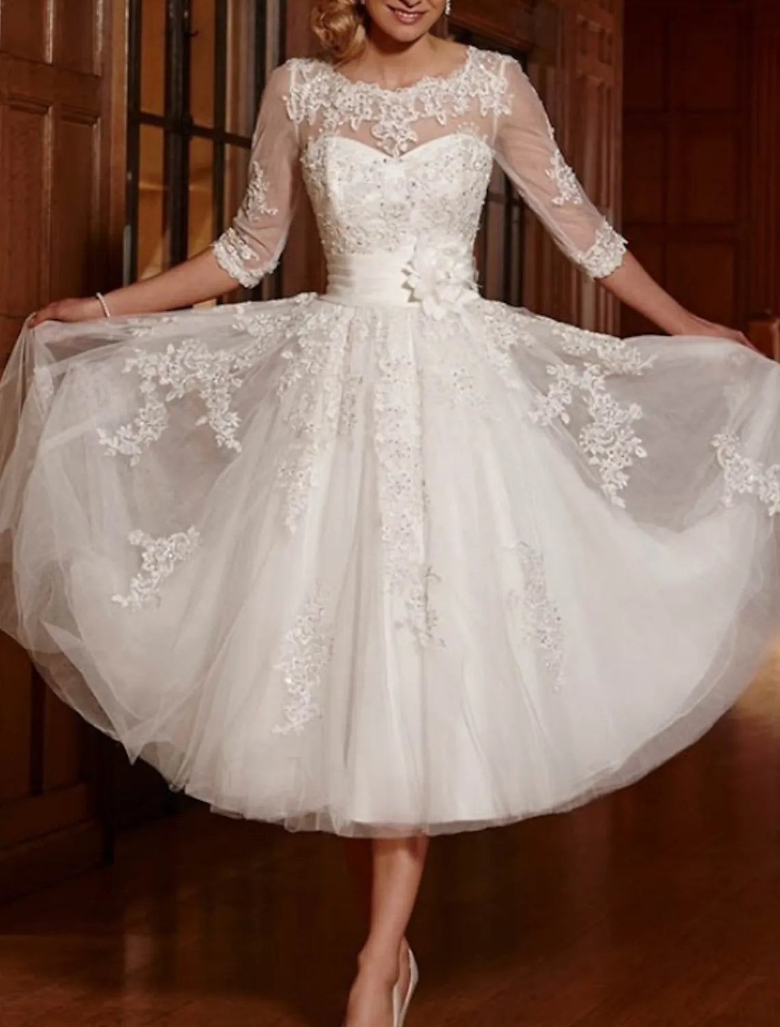 Romantic A-line Round Neck 3/4 Sleeve Lace Appliqué Ivory Tea-Length Prom Dress For Women Ready To Ship