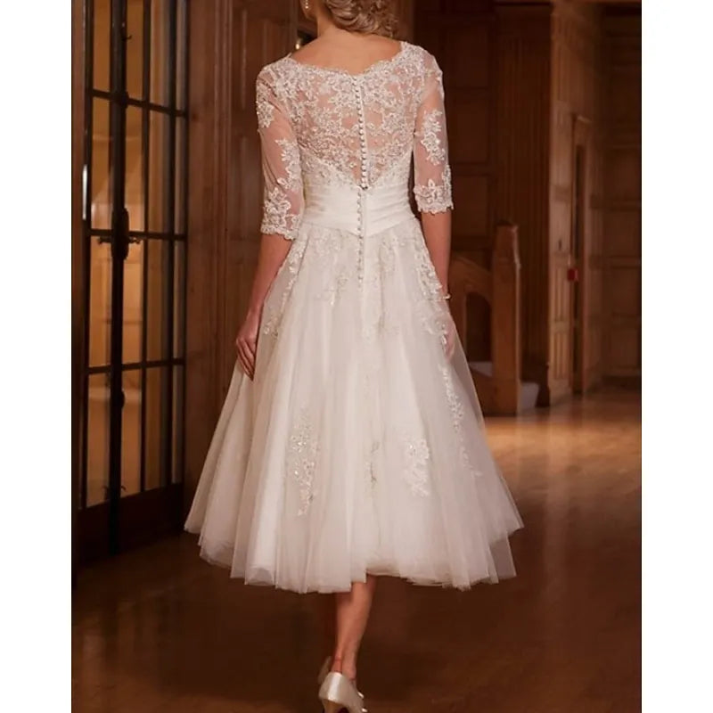 Romantic A-line Round Neck 3/4 Sleeve Lace Appliqué Ivory Tea-Length Prom Dress For Women Ready To Ship