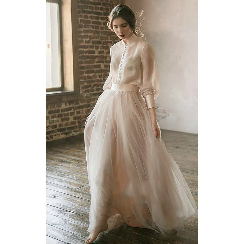Two Piece A-line Mandarin Collar 3/4-sleeved Sheer Blush Pink Maxi Prom Dress for Women Custom