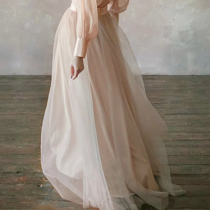 Two Piece A-line Mandarin Collar 3/4-sleeved Sheer Blush Pink Maxi Prom Dress for Women Custom
