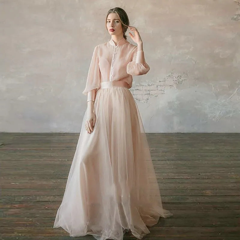Two Piece A-line Mandarin Collar 3/4-sleeved Sheer Blush Pink Maxi Prom Dress for Women Custom