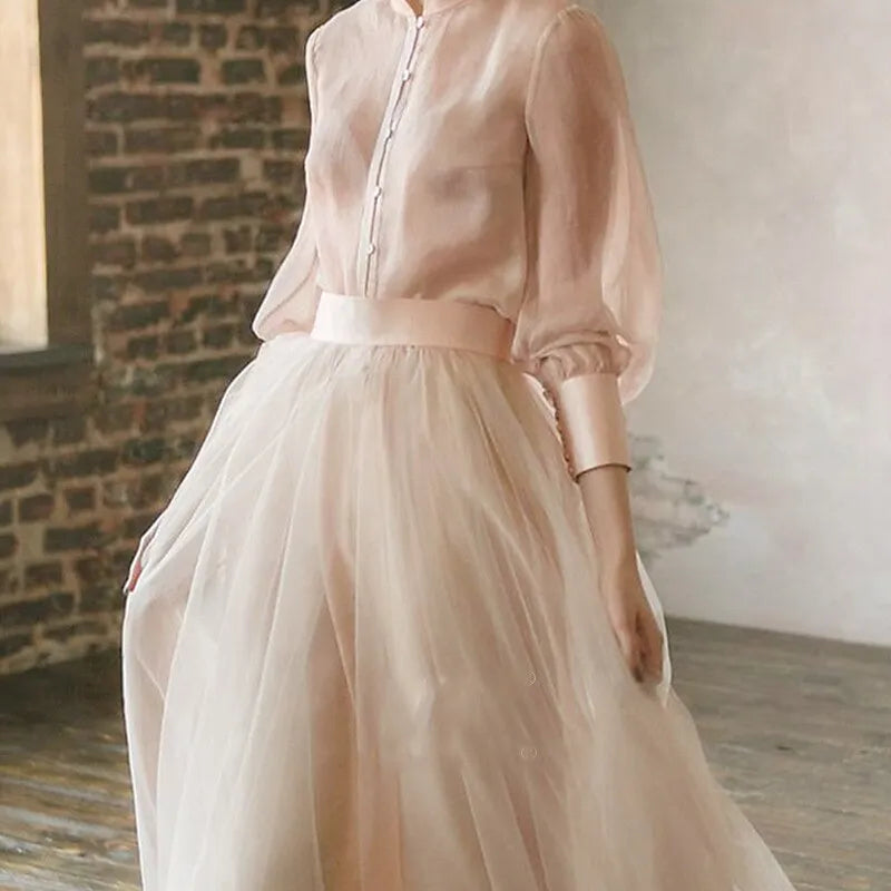 Two Piece A-line Mandarin Collar 3/4-sleeved Sheer Blush Pink Maxi Prom Dress for Women Custom