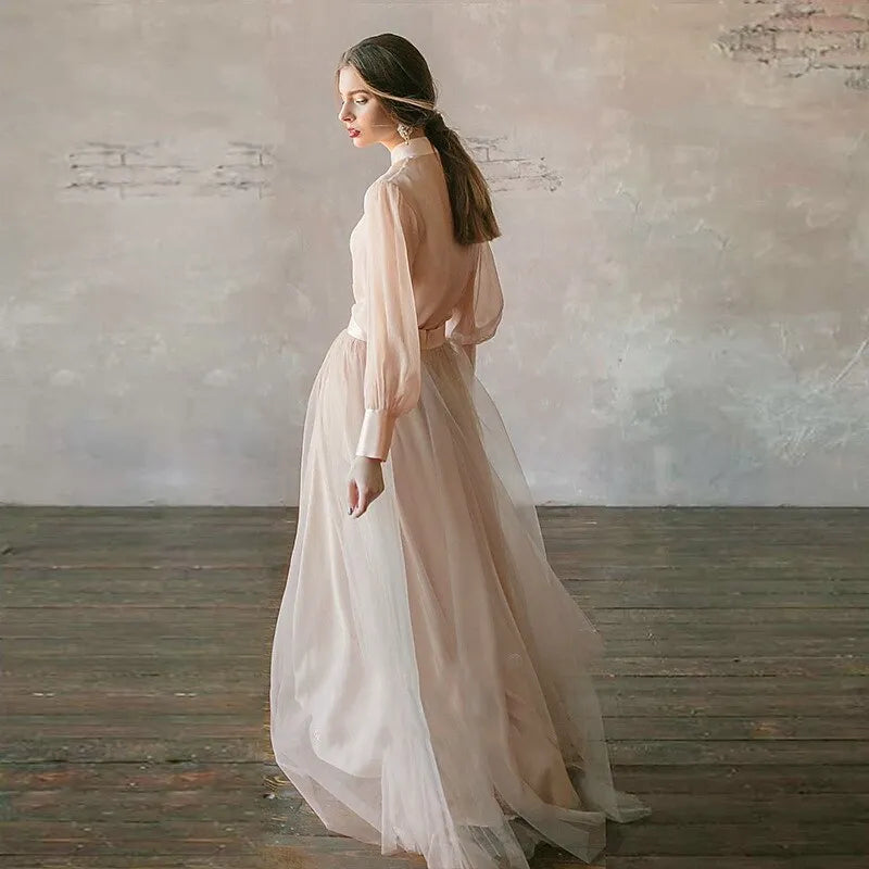 Two Piece A-line Mandarin Collar 3/4-sleeved Sheer Blush Pink Maxi Prom Dress for Women Custom