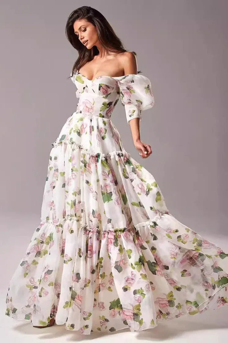 Romantic A-line Off-Shoulder Puff Sleeve Flowy Floral Pink Maxi Prom Dress Buy