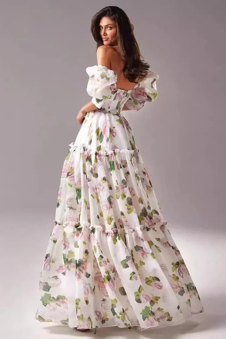 Romantic A-line Off-Shoulder Puff Sleeve Flowy Floral Pink Maxi Prom Dress Buy