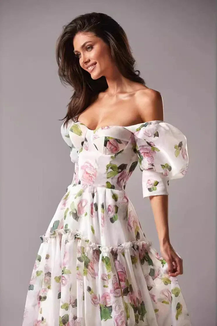 Romantic A-line Off-Shoulder Puff Sleeve Flowy Floral Pink Maxi Prom Dress Buy