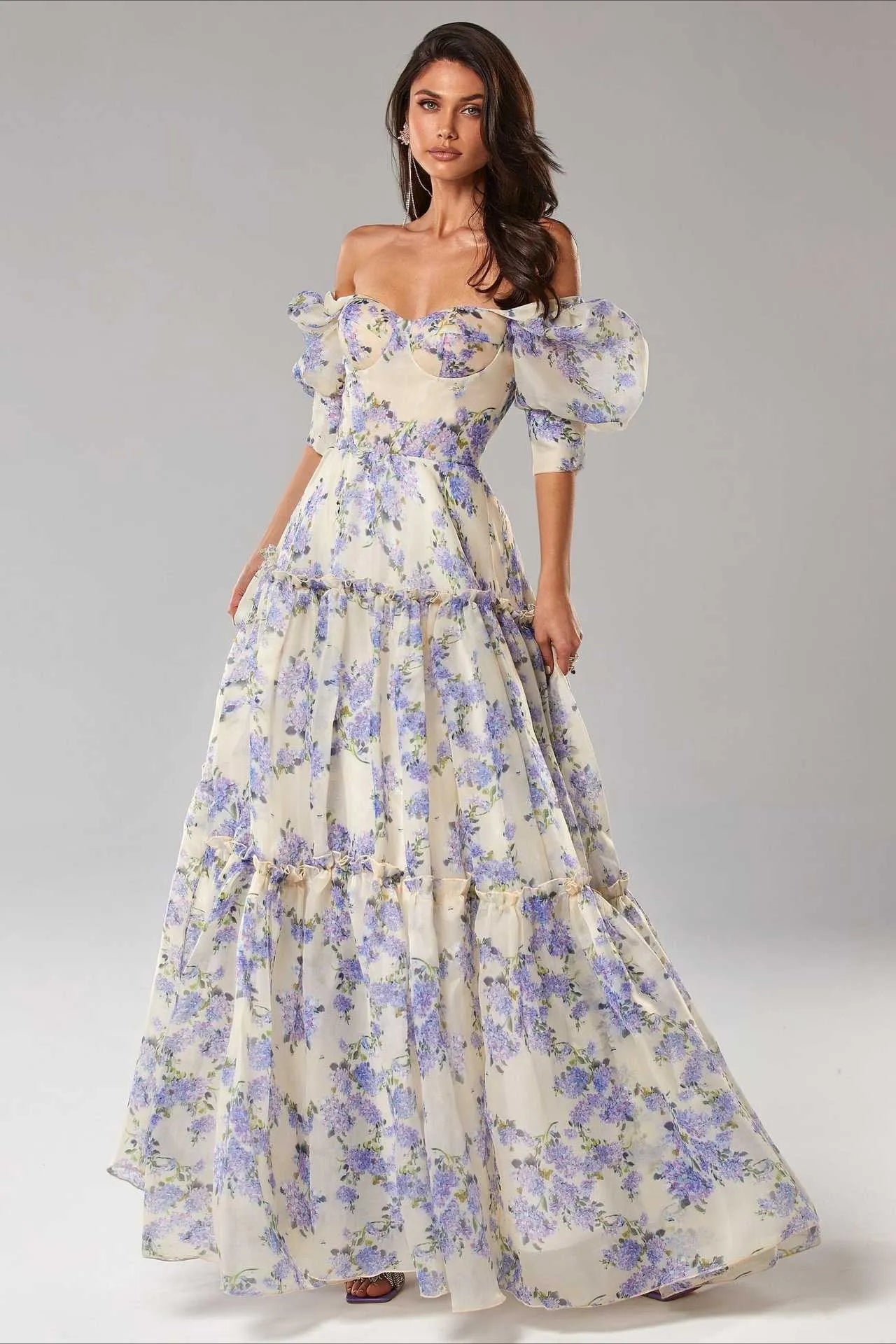 Romantic A-line Off-Shoulder Puff Sleeve Flowy Floral Pink Maxi Prom Dress Buy