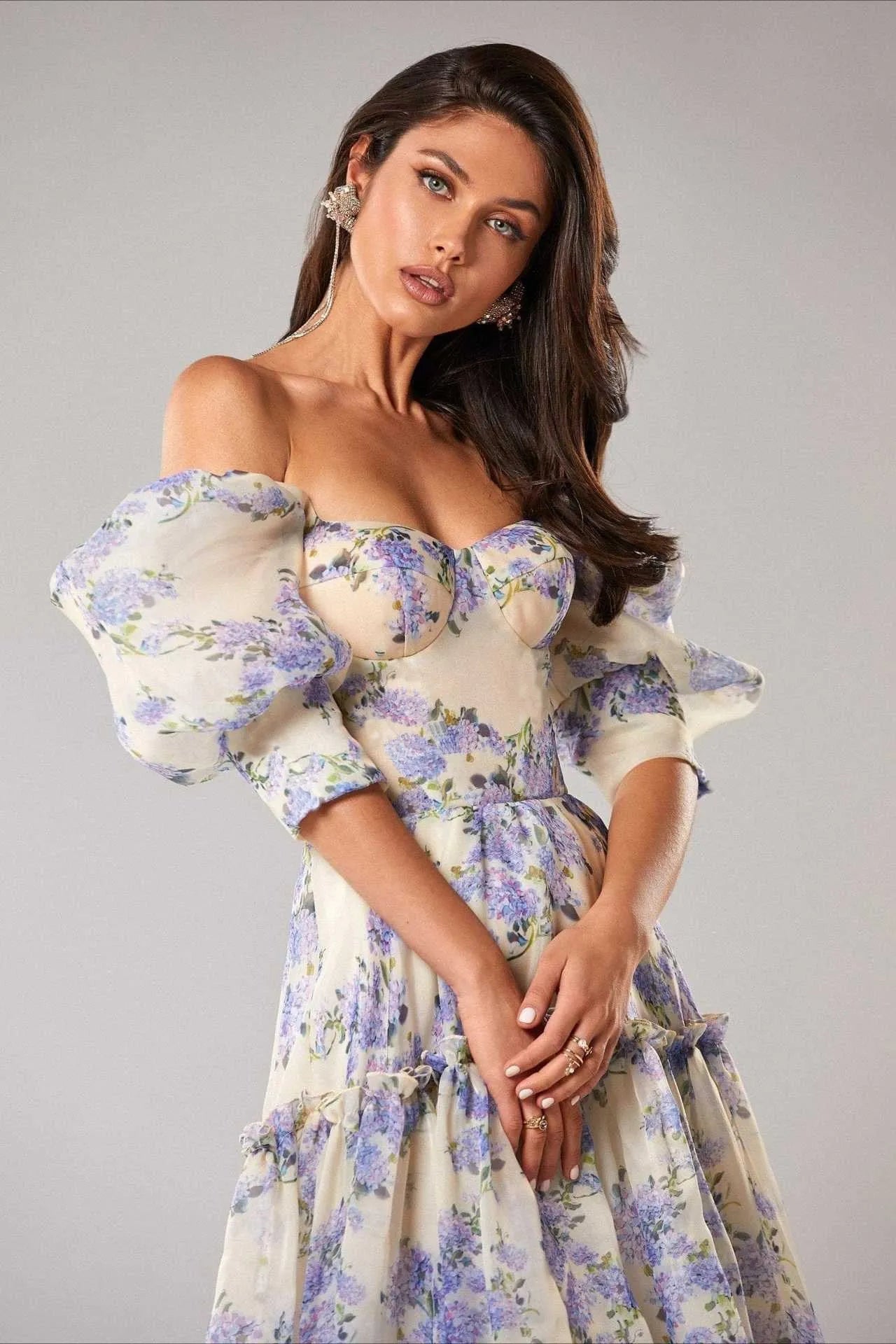 Romantic A-line Off-Shoulder Puff Sleeve Flowy Floral Pink Maxi Prom Dress Buy